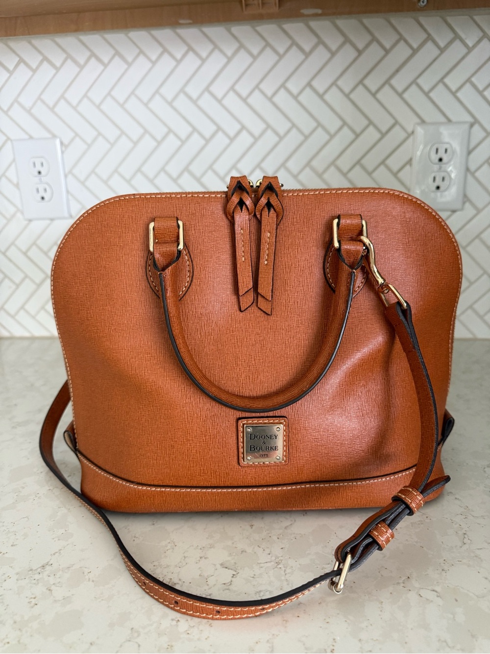 Vintage Dooney & Bourke Cedar Brown Leather Dome Satchel with Shoulder Strap